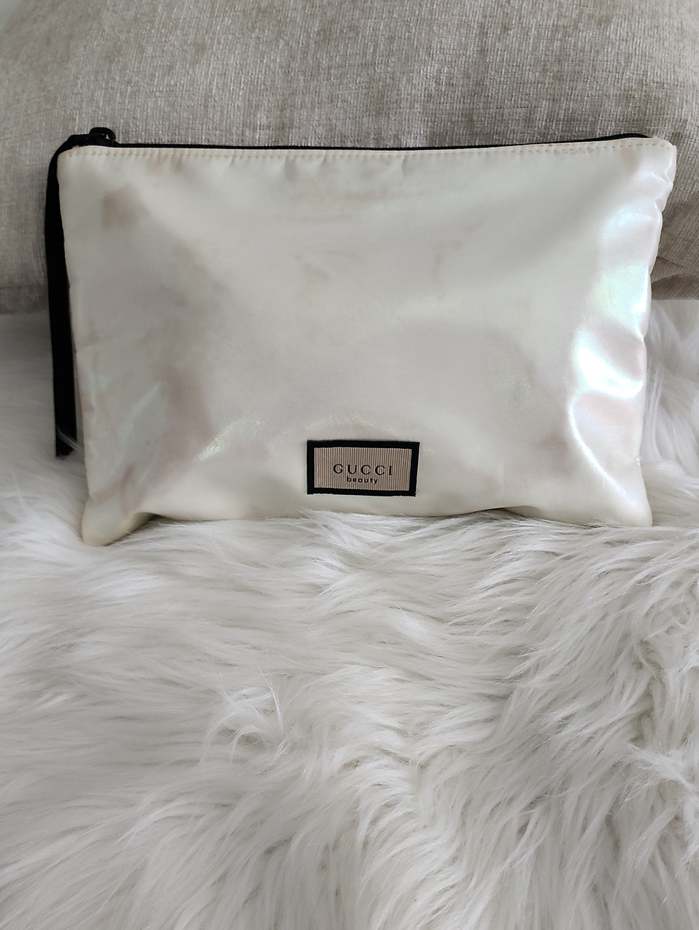 Gucci Pearl White Iridescent Cosmetic Pouch with Black Trim